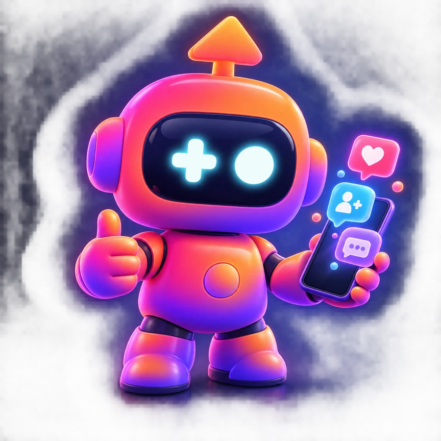 Mascote do Followtron segurando um celular com notificações de follow e mensagens